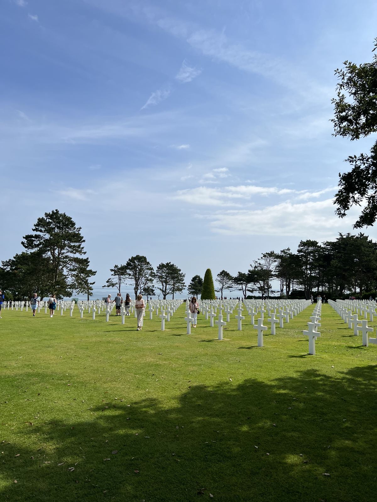 El césped del cementerio americano con las cruces y el mar de fondo